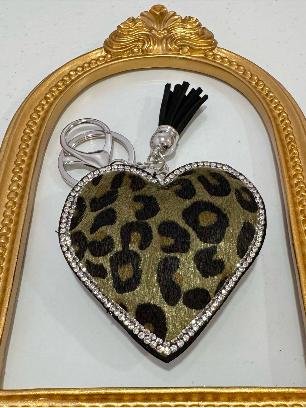 New Olive Green Leopard Heart with Tassel Keychain